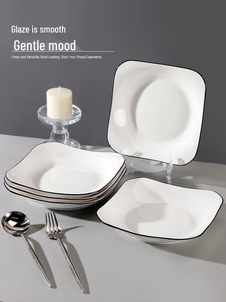 2025 New Style: Set of 6 Microwave-Safe Ceramic Square Plates for Home, Creative Deep Rice Dish Plates