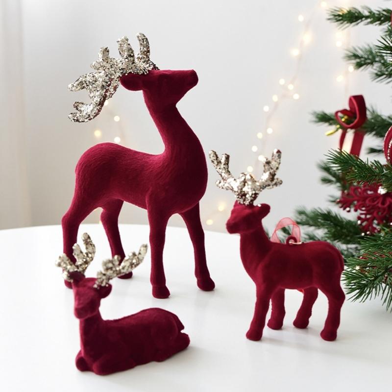 Christmas Tabletop Ornament Reindeer Figurines with Glittered Antler and Feet Deer Animal Model Home Decorations Gift