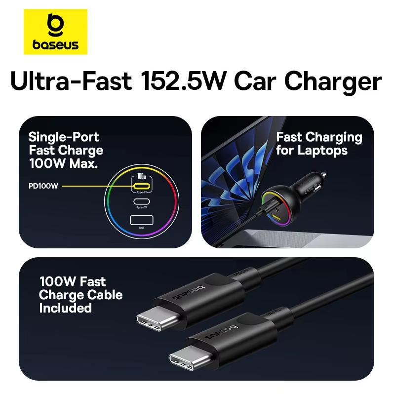 Baseus Car Charger Super Fast Charge 152W Charging Set Cigarette Lighter Converter One to Three Laptop Chargers