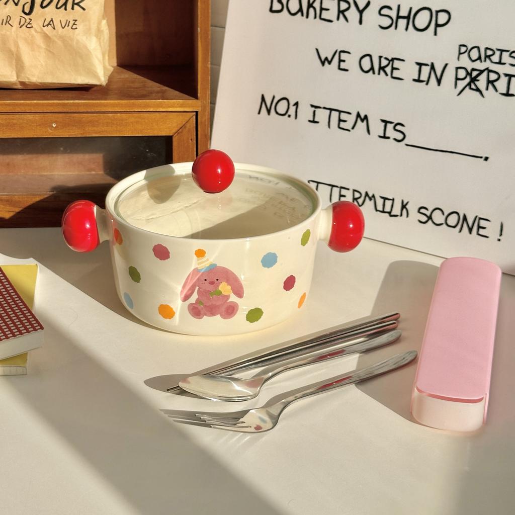 Cute instant noodle bowl with lid spoon Ceramic big bowl High value snail wordy powder bowl Student dormitory rice bowl