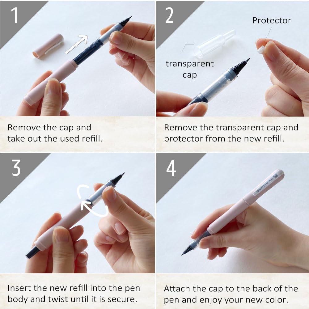 Kuretake Zig Letter Pen COCOIRO Extra Fine Brush Black Made in Japan Refill, Nib, Ink, (POTTER'S PINK, Black)