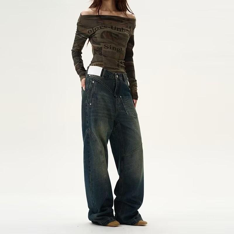 Women s American Retro Straight-Leg Jeans - Deconstructed, Wide-Leg, Casual Long Pants XL