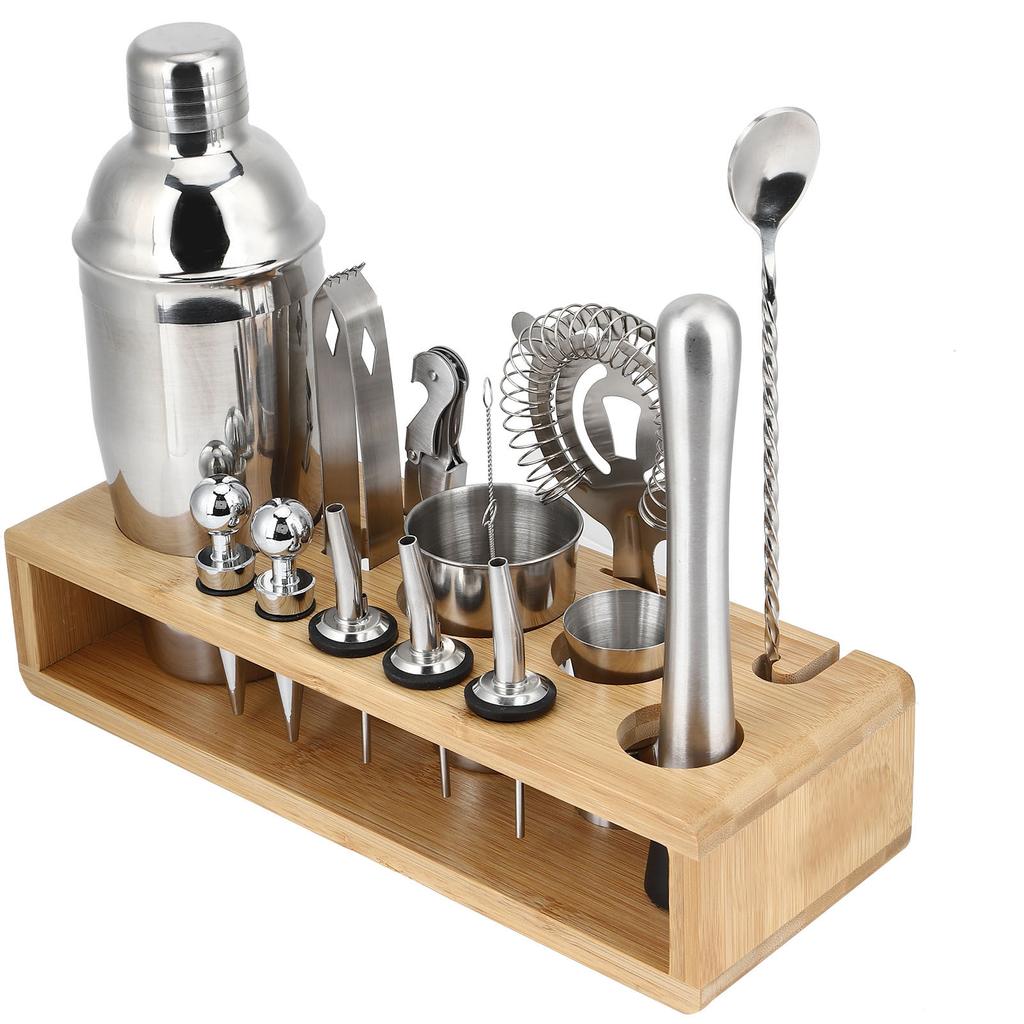 16Pcs 304 Edelstahl Cocktail Shaker Bar Set Wein Trinken Mixer mit Bambus Stehen