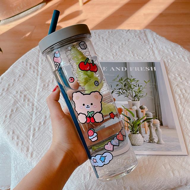 700ML Cute Clear Plastic Water Bottle For Girls With Straw Tea Strainer Stickers Summer Large Capacity Bubble Juice Drink Cup