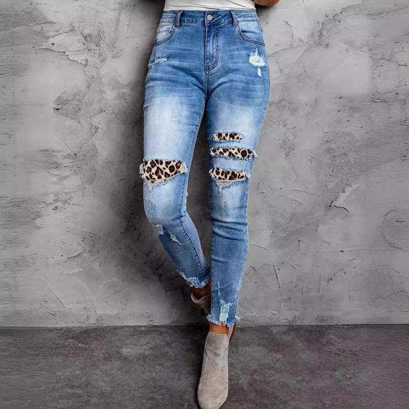 

Весенне-осенние новые рваные джинсы с леопардовым принтом, с заплатками, облегающие, тонкие, со средней посадкой, выстиранные, женские S джинсовый синий