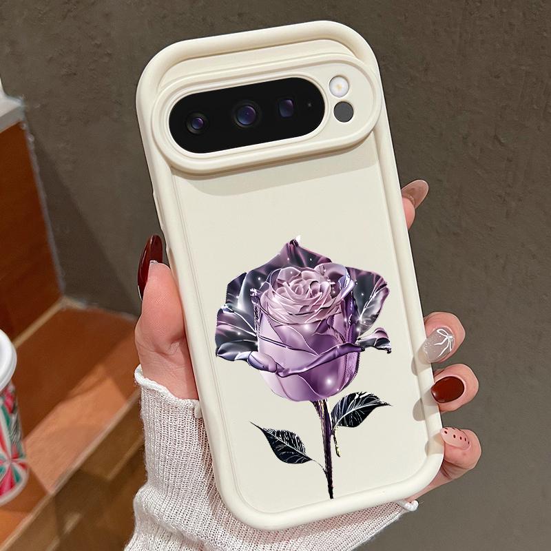 Crystal Rose Flower Pattern Soft TPU Matte Case For Google Pixel 9 Pro XL 8 Pro 8A Solid Color Shockproof Lens Protection Phone Cover