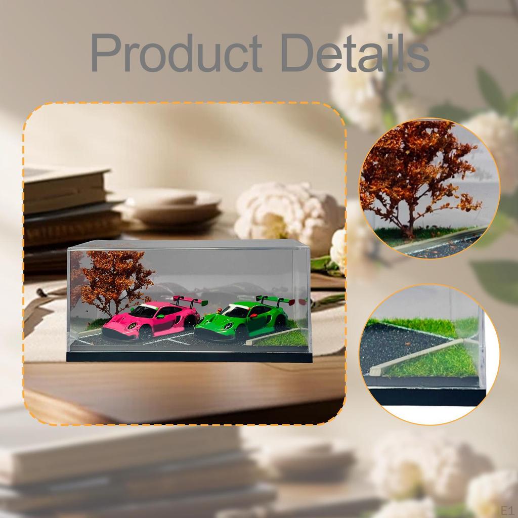 1/64 Diecast Car Display Case/Storage Case with Art Glass And Tree, Dustproof, Parking Lot Scene