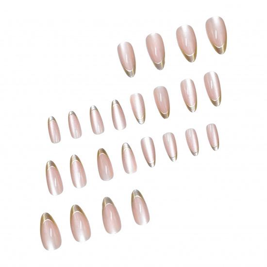 24Pcs pink cat eye French nail patches, medium almond shape, decorated with golden lines, simple style, smooth surface, full cov