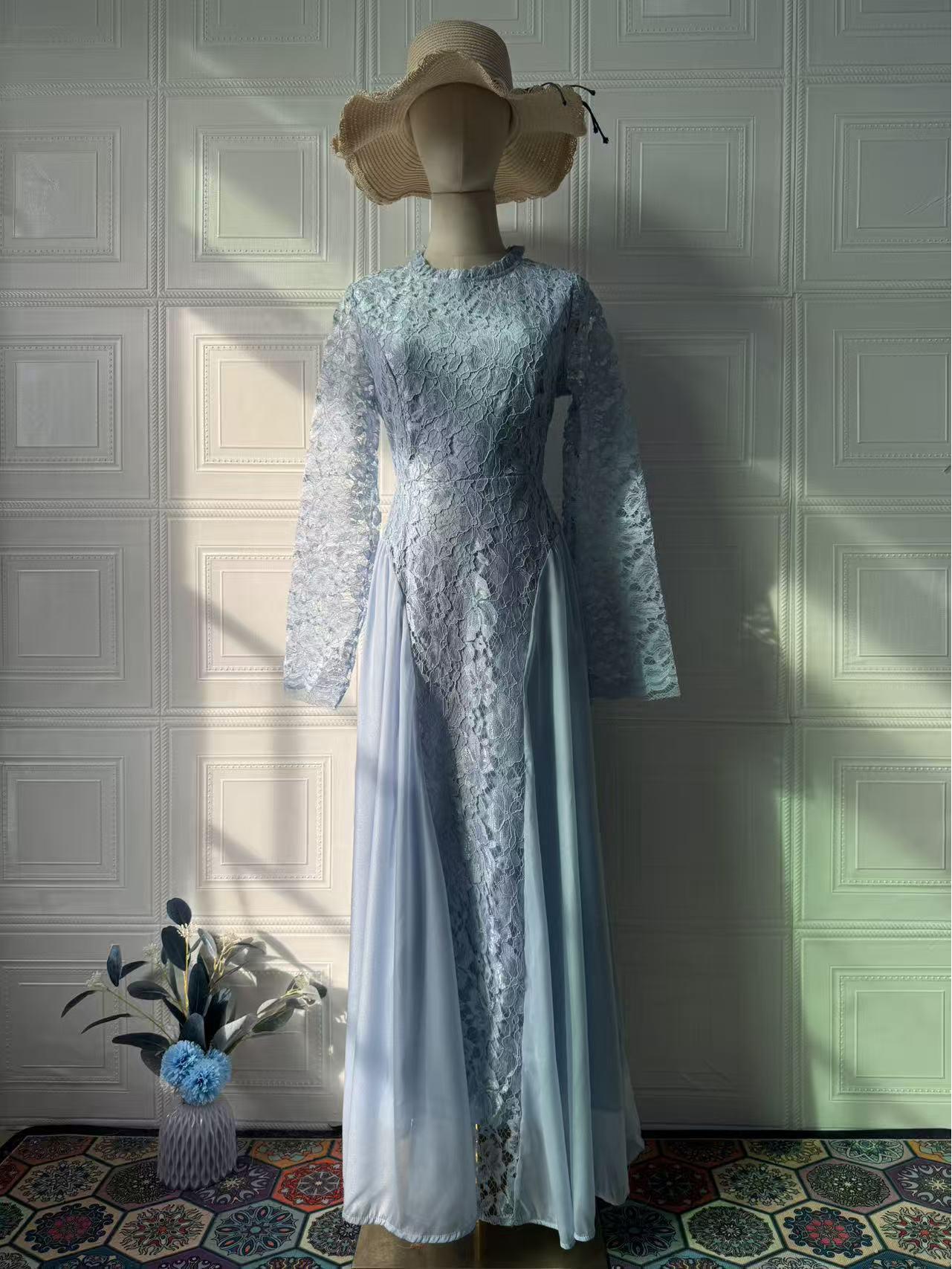 

Летнее ретро элегантное платье с длинным рукавом и приталенным силуэтом для женщин 2025 M светло-синий