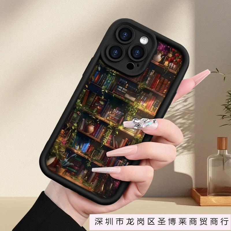Literary and Retro Bookshelf Flowers and Plants Are Suitable for iPhone11/12/13 Apple 16promax Silicone 16 Soft 11Pro