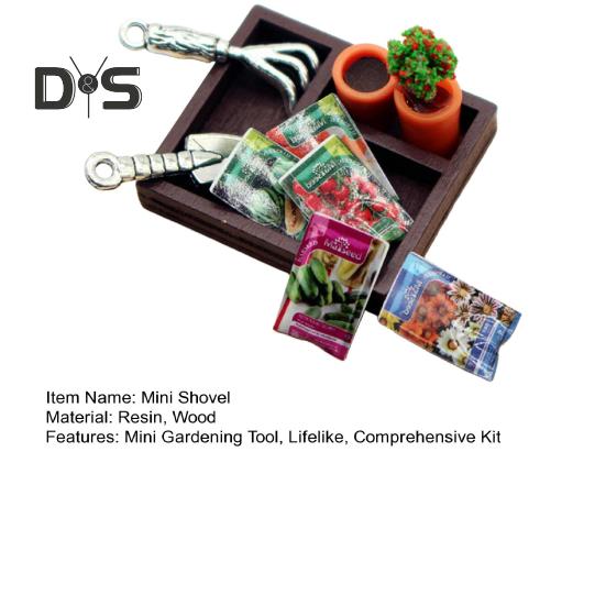 Mini-Gartenschaufel-Set, Topfpflanzenmodell aus Kunstharz mit Holzkiste, Miniaturschaufel, Handrechen für Puppen, Garten, Balkon, Fotografie-Requisiten
