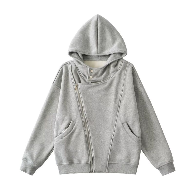 American vintage Gray Hoodie Women Winter Fleece-lined Thickened Loose Idle Style Casual Zip-up Cardigan Outerwear