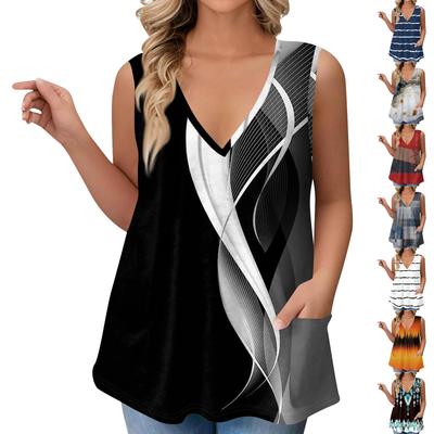 Women's V-neck T-shirt Vest Loose With Pockets T-shirt  Printed Bottom Shirt