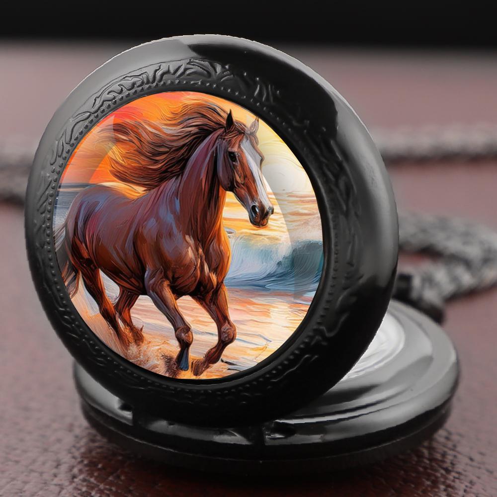 Sunset Sea Galloping Horse Design Pocket Watch Vintage Women's Necklace Pendant Clock Men's Watch Children Souvenirs Gifts