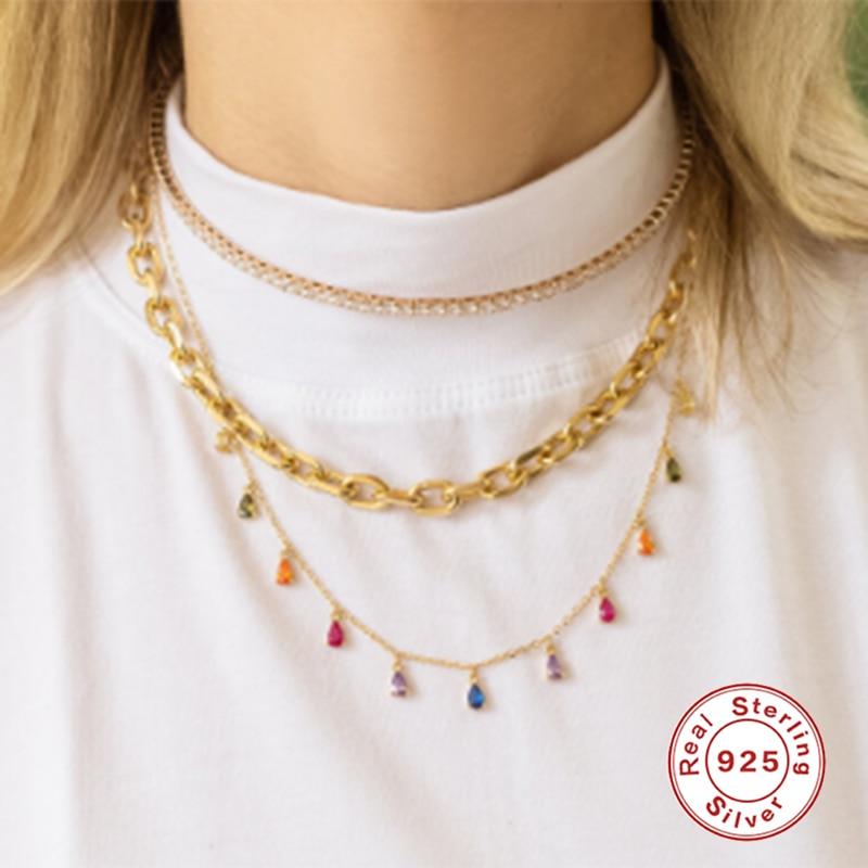 Sterling Necklaces Color Diamond Rainbow Pendant Pendant Necklace Female Choker Necklaces For Women Fine Jewelry Collar PlataTrendy Necklaces