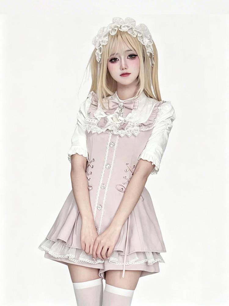 Snowflake Time: Japanese Lolita Stand-Collar Dress Set with Bib & Bow Tie