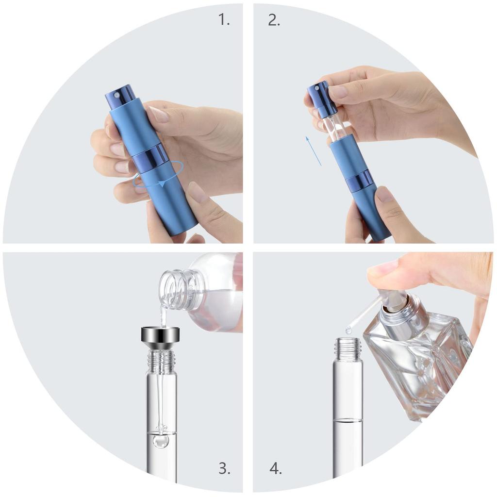 4PCS+6 Accessories Perfume Atomizer Refillable with 5 Spray Bottles, 2 Aluminum Funnel, 2 Dispensing Shenanigans, 2 Spring Straw