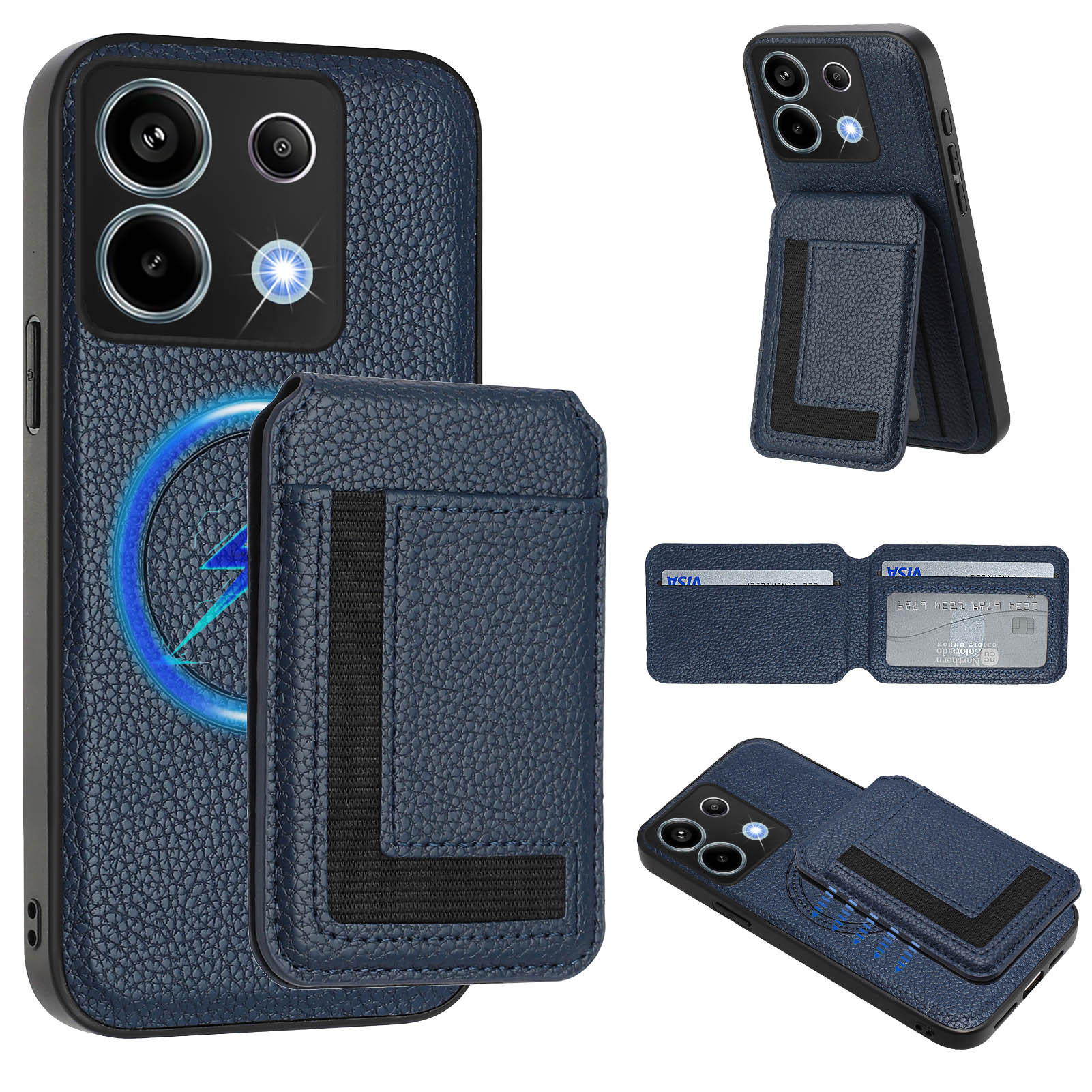 

For Xiaomi Poco X6 5G/Xiaomi Redmi Note 13 Pro 5G Magnetic Case TPU+PU Leather Phone Back Cover with Detachable Card Holder Dark Blue