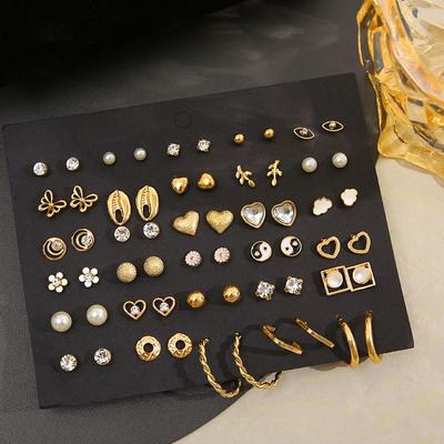 1Set Gold Color Earring Set Vintage Butterfly Heart Crystal Stud Earrings for Women Korean  Brincos Jewelry Gift