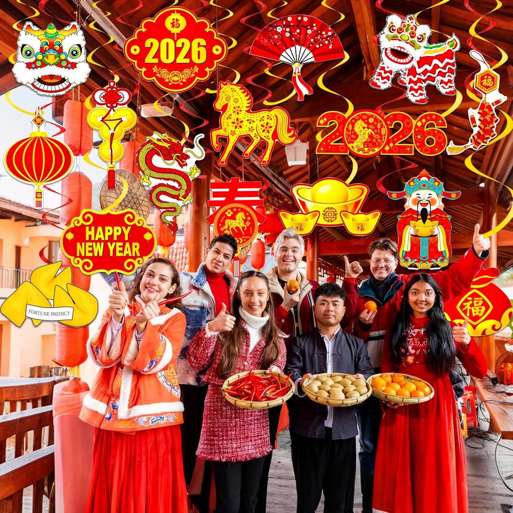 Happy Chinese New Year Hanging Swirls The Year of Horse Decorations 20PCS Lunar New Year Hanging Streamers Spring Festival Lion Dance Zodiac Horse