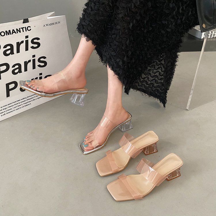 Transparent High-heeled Sandals, Women's Shoes, Spring and Summer 2025 New Thick-heeled French Style with Skirt Sandals