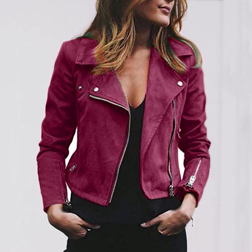 Women's Retro Short Faux Leather Jacket Tracksuit Jacket Women's Biker Jackets Zip Up Faux Leather Jacket With Pockets Mid Motorcycle Coat