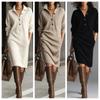 Winter Warm Fashion Knitted Button Lapel Women Casual Loose Pocket Lazy Straight Over The Knee Long Sleeve Female Sweater Dresses