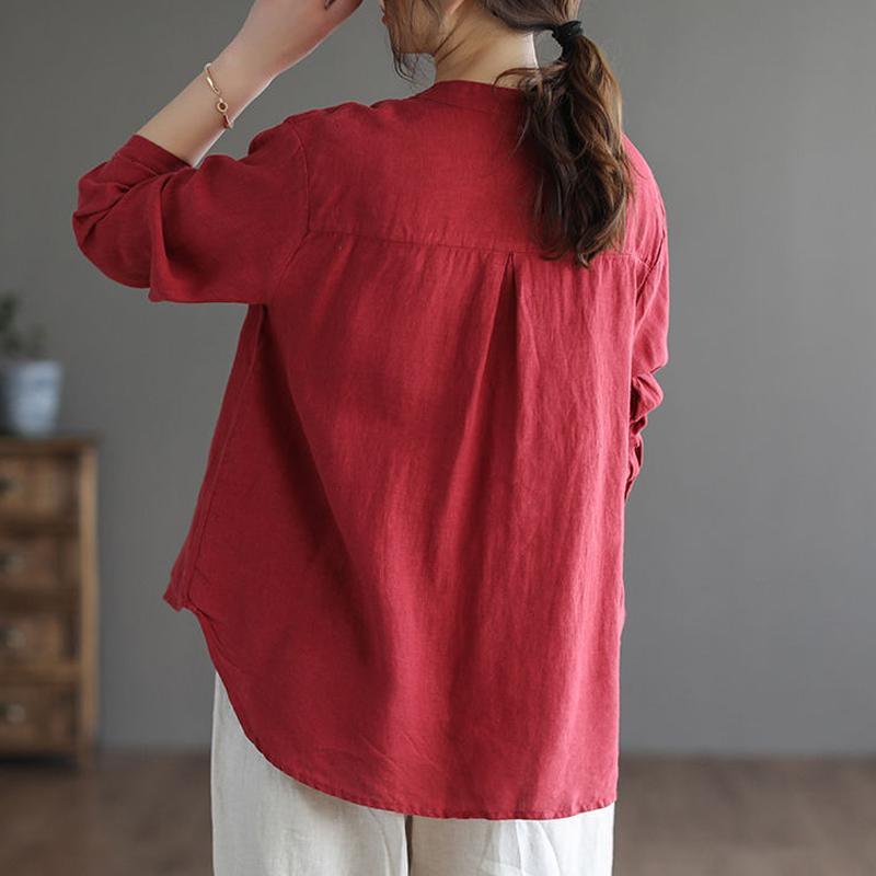 Women Vintage Embroidery Button Up Shirts Elegant Stand Collar Cotton Linen Blouses Casual Long Sleeve Oversized Irregular Tops