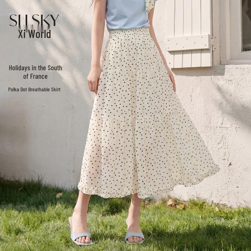Women s French Polka Dot Ruffle A-line Chiffon Skirt L