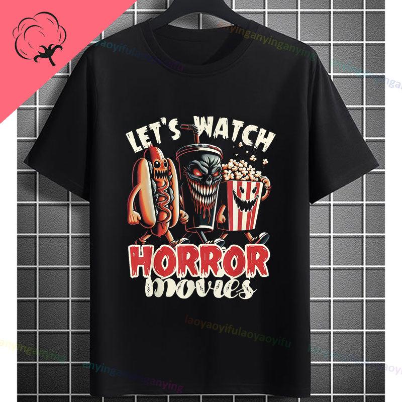 Retro Lets Watch Horror Movies Design Halloween Movie Lovers Graphic Tshirt Short Sleeve 100cotton Originality Casual Tshirt