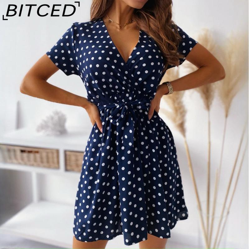 BITCED Moda Estiva Donna Abito Mini a Maniche Corte con Scollo a V Abito da Donna a Pois con Spacco Vestidos per Donna Festa in Spiaggia Abito Boho