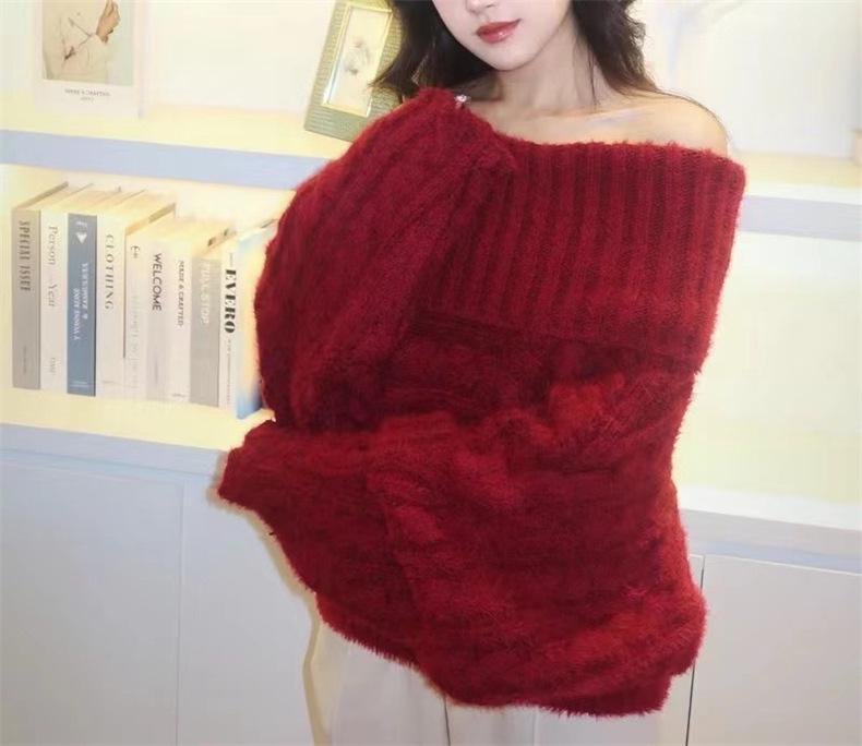 Women's Big Lapel Off-Shoulder Cable Knit Sweater: Cozy Autumn/Winter Loose Fit Pullover