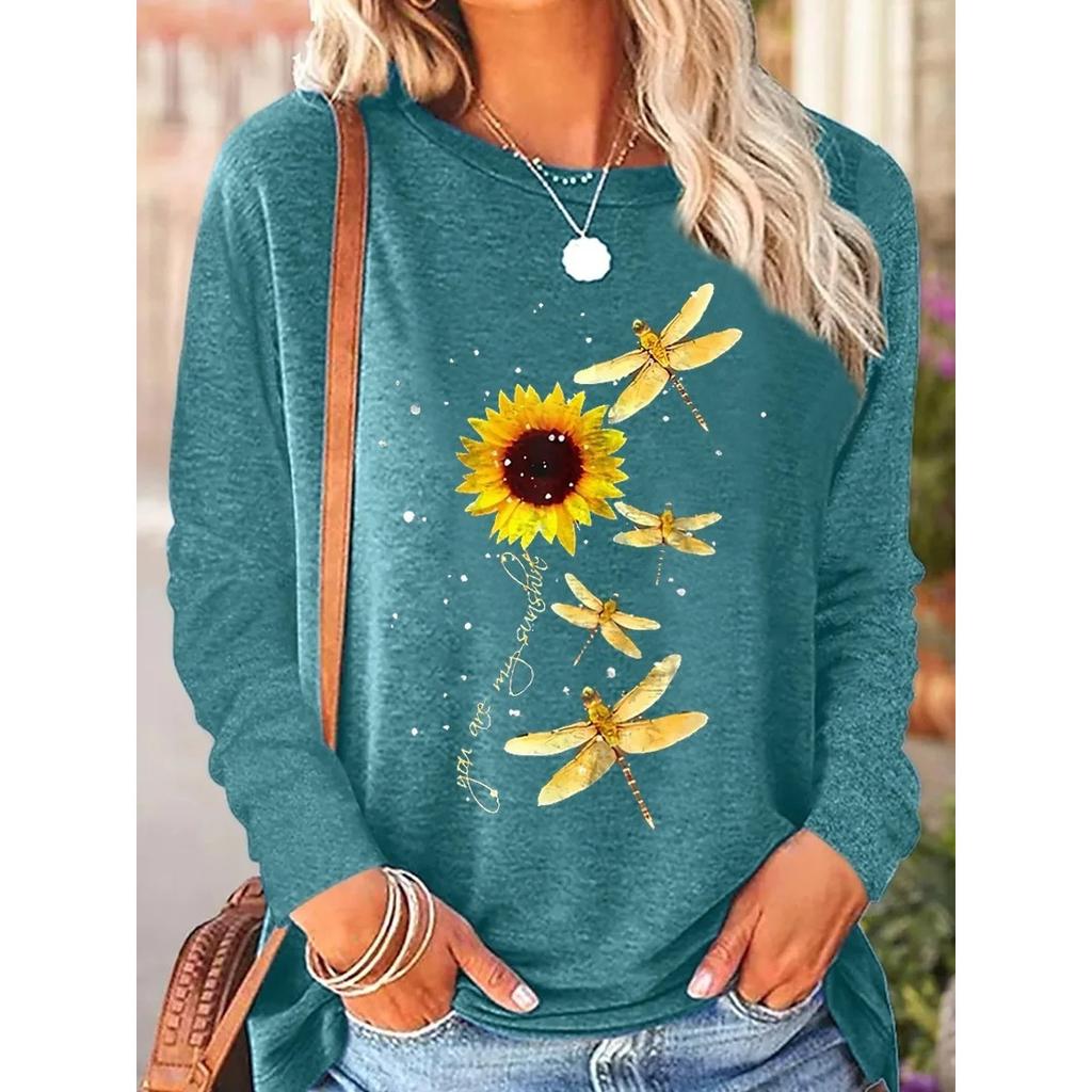 Round Neck 3D Printed Sunflower Pattern Top Fashionable Casual Long Sleeved Women's T-shirts