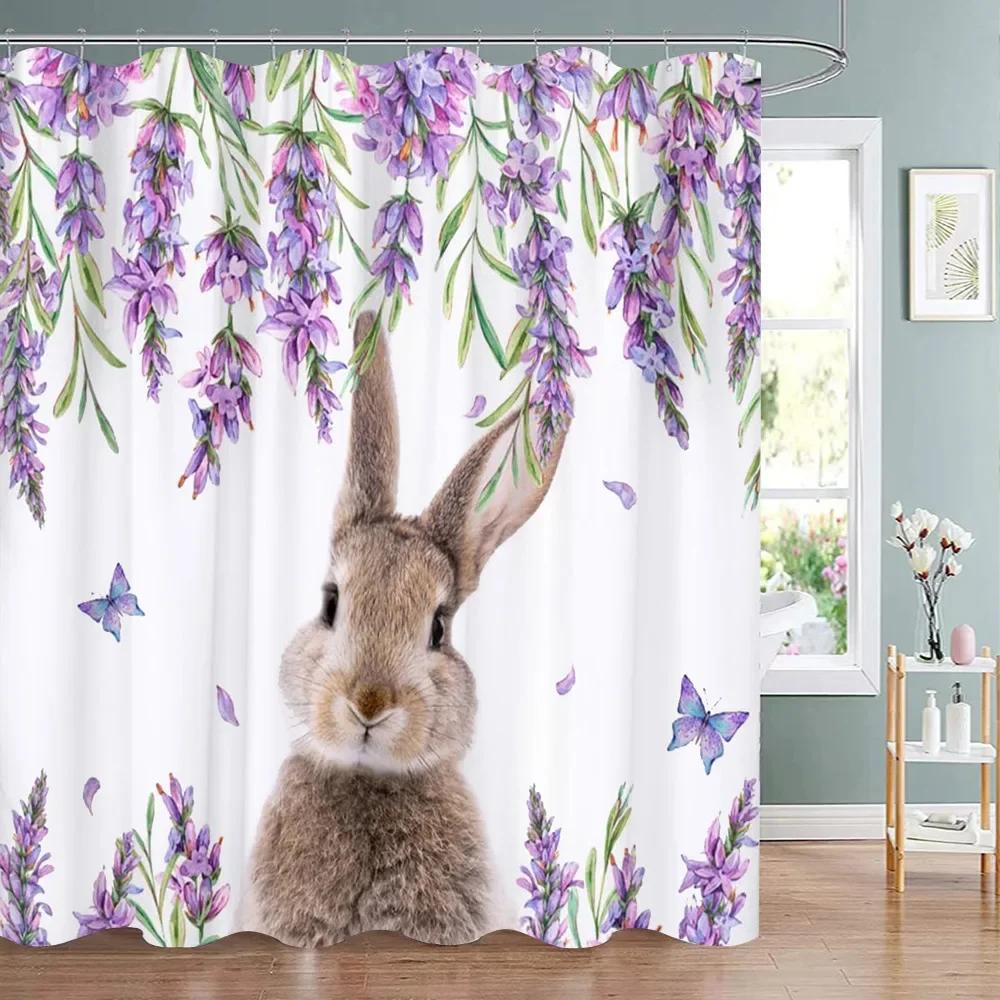 Happy Easter Bunny Shower Curtain Farm Truck Bunny Eggs Butterfly Elf Washable Polyester Fabric Hanging Curtains Bathroom Decor