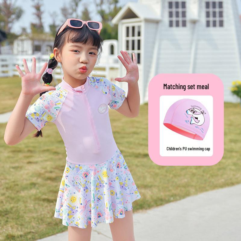 2024 Girls' Cute Skirt-Style One-Piece Swimsuit: Short Sleeve, Sun Protection, Quick-Dry. Sizes for Young To Middle-Aged Kids.