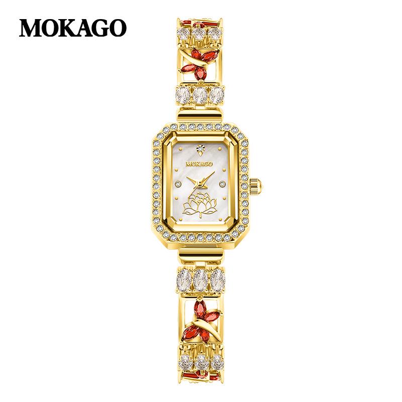 Mokaga Elegant Luxury Women s Rhinestone Square Quartz Bracelet Watch красный/золотой