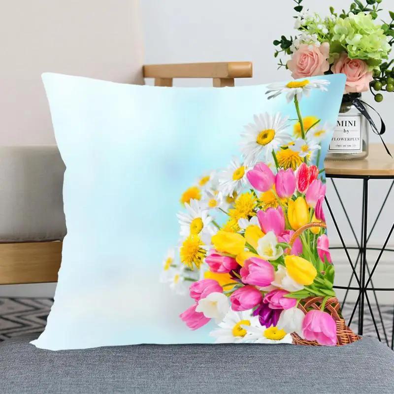 Tulip Flower Pillowcase Bedroom Home Office Decorative Square
