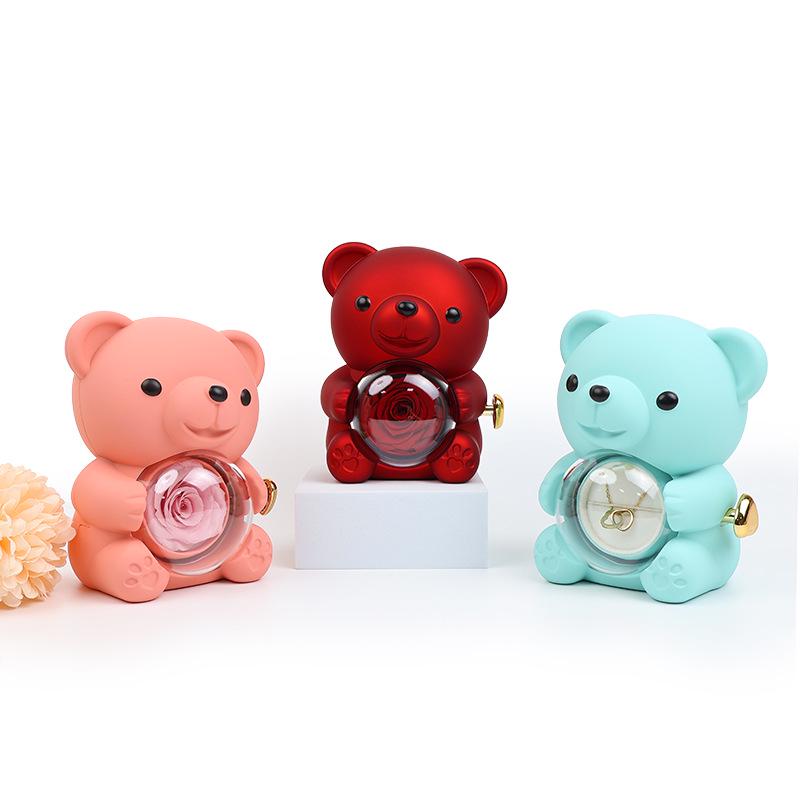 Set Regalo Fiore di Rosa Eterno & Collana con Scatola Portagioie Rotante in Acrilico e Orsacchiotto