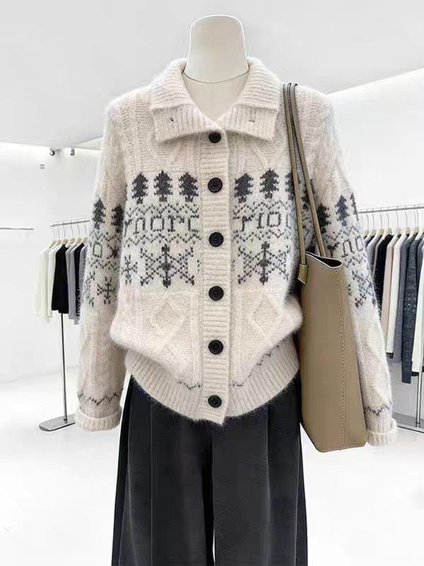 Heavyweight 100% Pure Wool High Neck Fair Isle Jacquard Cardigan Sweater - Autumn/Winter Collection