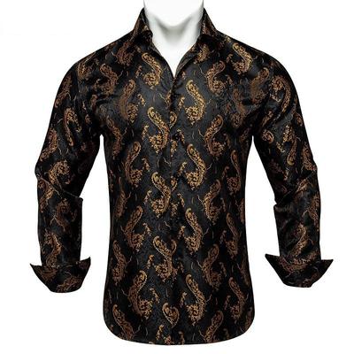 Chemise en soie pour hommes, chemise d'automne à col rabattu, manches longues, chemise décontractée Paisley pour fête formelle