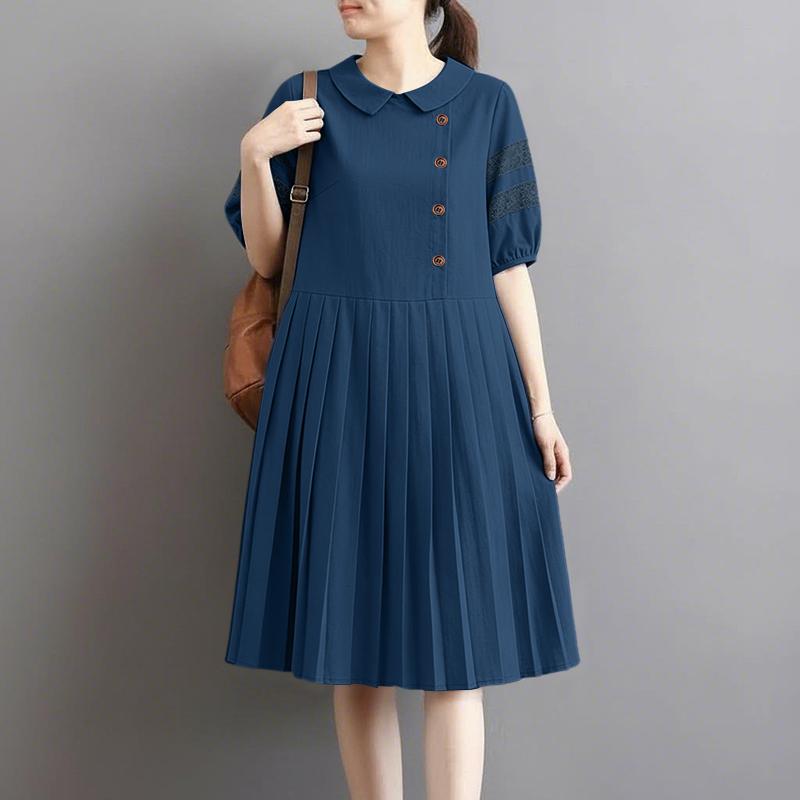 ZANZEA Women Casual Doll Collar Solid Color Summer Half Sleeve Dress S тёмно-синий