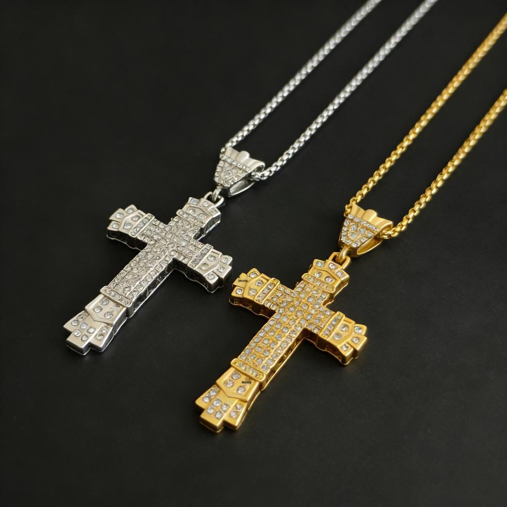 Men's Gold-Plated Retro Cross Pendant Hip-Hop Necklace with Full Diamond Encrustation