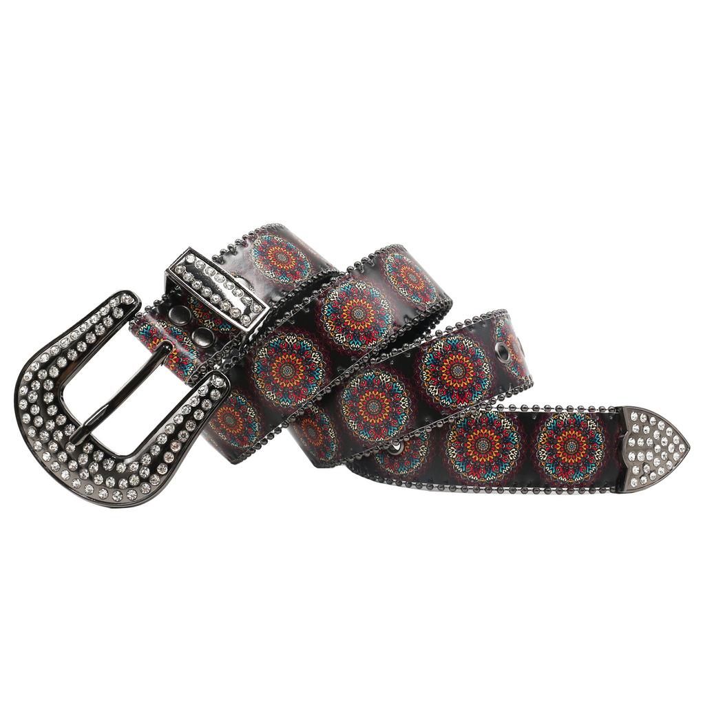 Rhinestone Belt Print Ladies High-end Pattern Women's Belt Retro Literary and Ethnic Style Mandala Pattern Belt