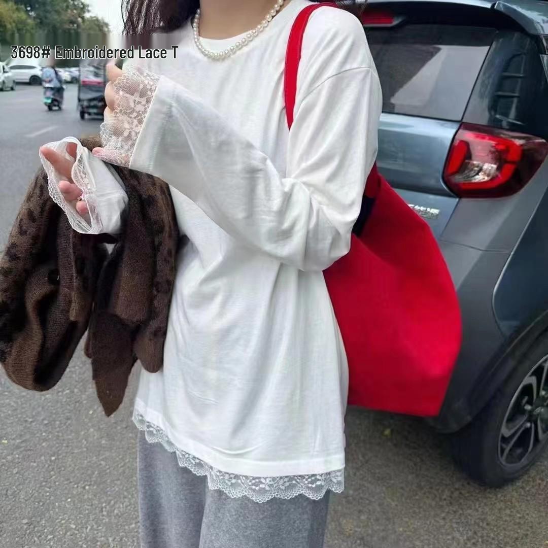 

Women s White Lace Patchwork Round Neck T-Shirt - Autumn/Winter Versatile Design, Loose Fit, Perfect for Layering S белый