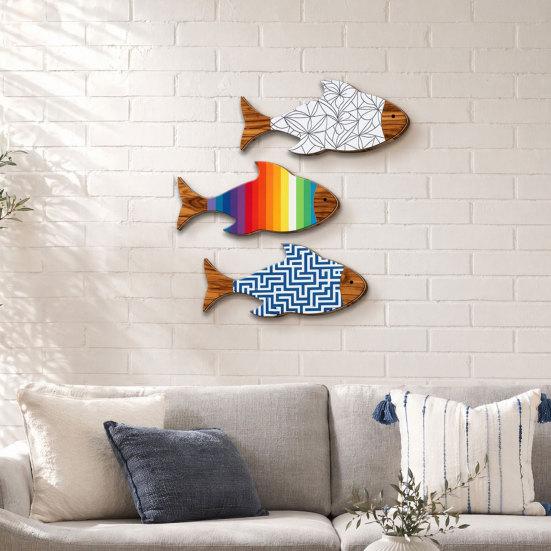 3Pcs/Set Wooden Fish Coastal Wall Art, Rustic Handcrafted Fish Wall Decor, Nautical Fish Wall Sculpture for Living Room, Beach Lake House