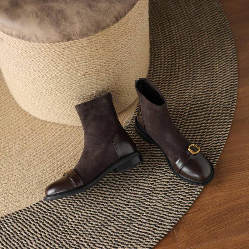 Korean version of the new rubber-soled Martin boots elastic suede solid color square heel round head autumn and winter large size zipper medium boots