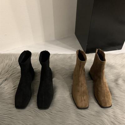2025 Autumn and Winter New Minimalist Soft Leather Square Head Versatile Low-heeled Martin Boots Women's Rear Zipper Flat-bottomed Thin Short Boots