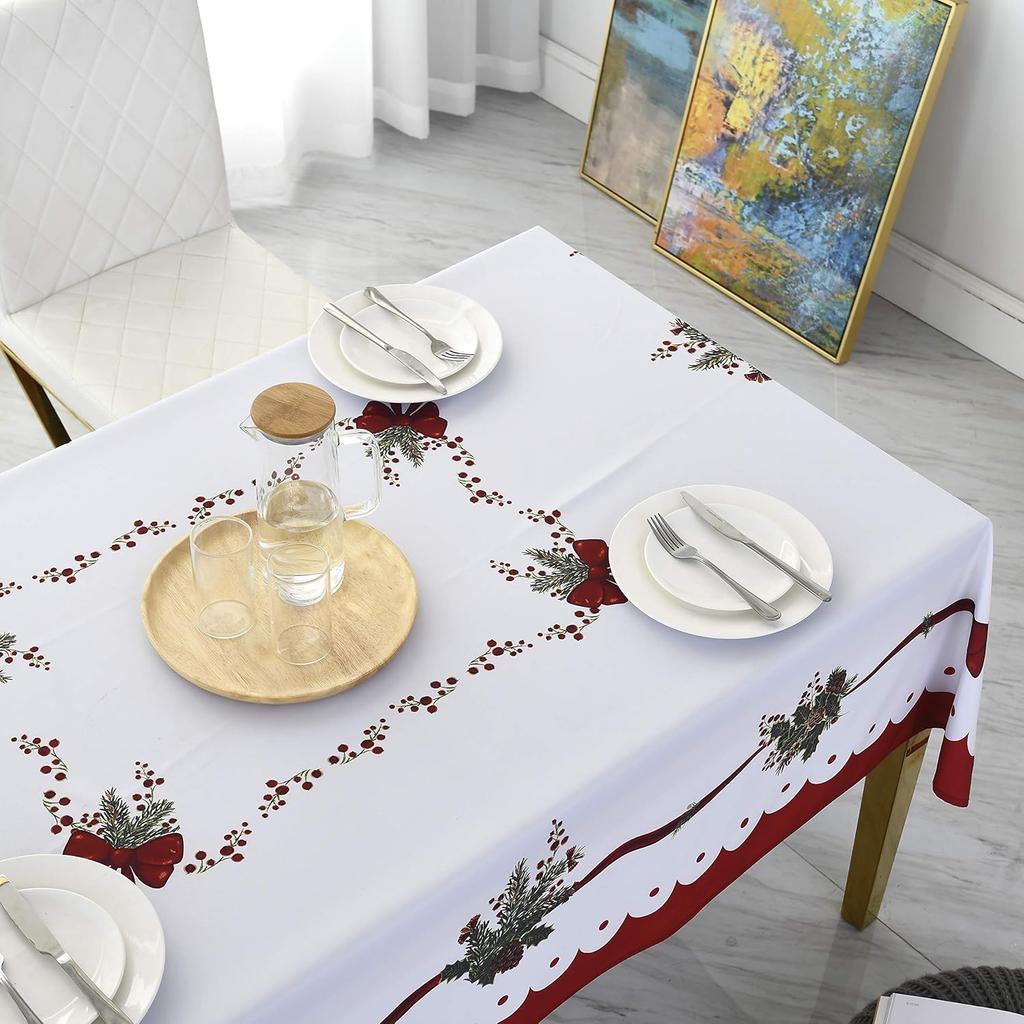 Christmas Bow Holly Rectangle Waterproof Tablecloth Table Decor Winter Xmas Kitchen Dining Tablecloth Christmas Decorations