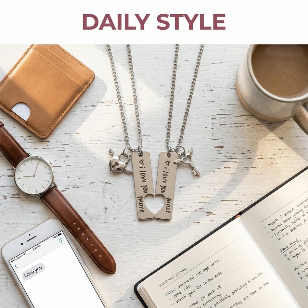 2pcs Stainless Steel I Love You More Necklaces Puzzle Heart Lock Key Pendant  Valentine Day Gift