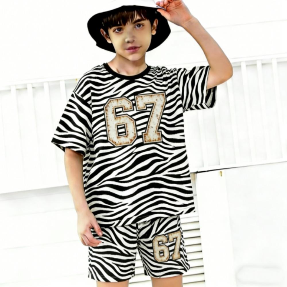 Fashion Number 67 Zebra Colored Printed Men's T-shirt and Shorts 2 Piece Set Summer Casual Outfit for Men's and Women's Clothing Top